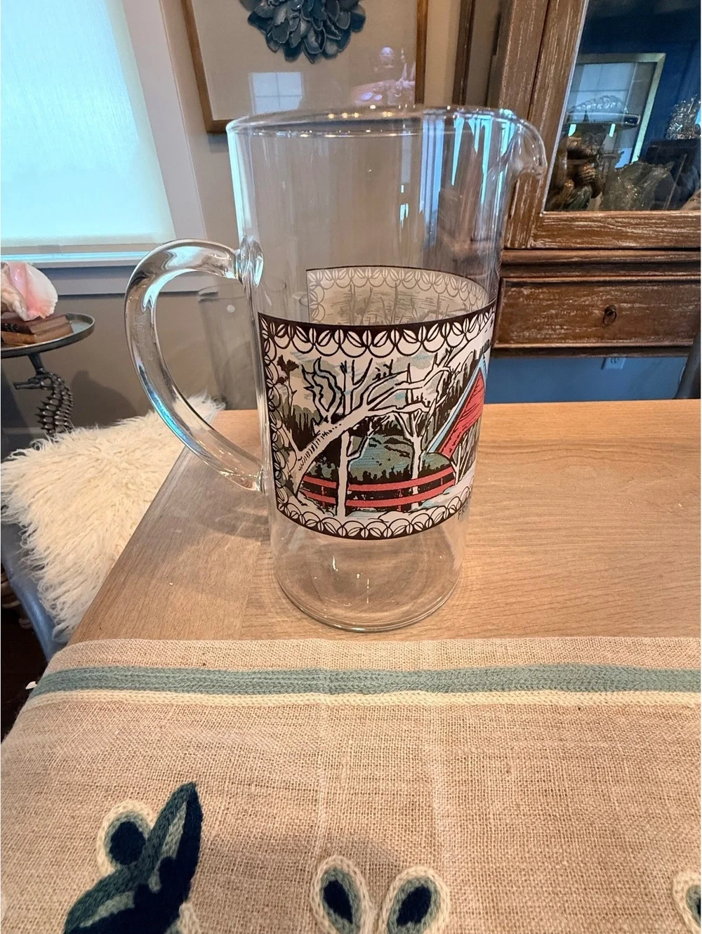 Vintage Glass Pitcher with Scenic 'Friendly Village' Design